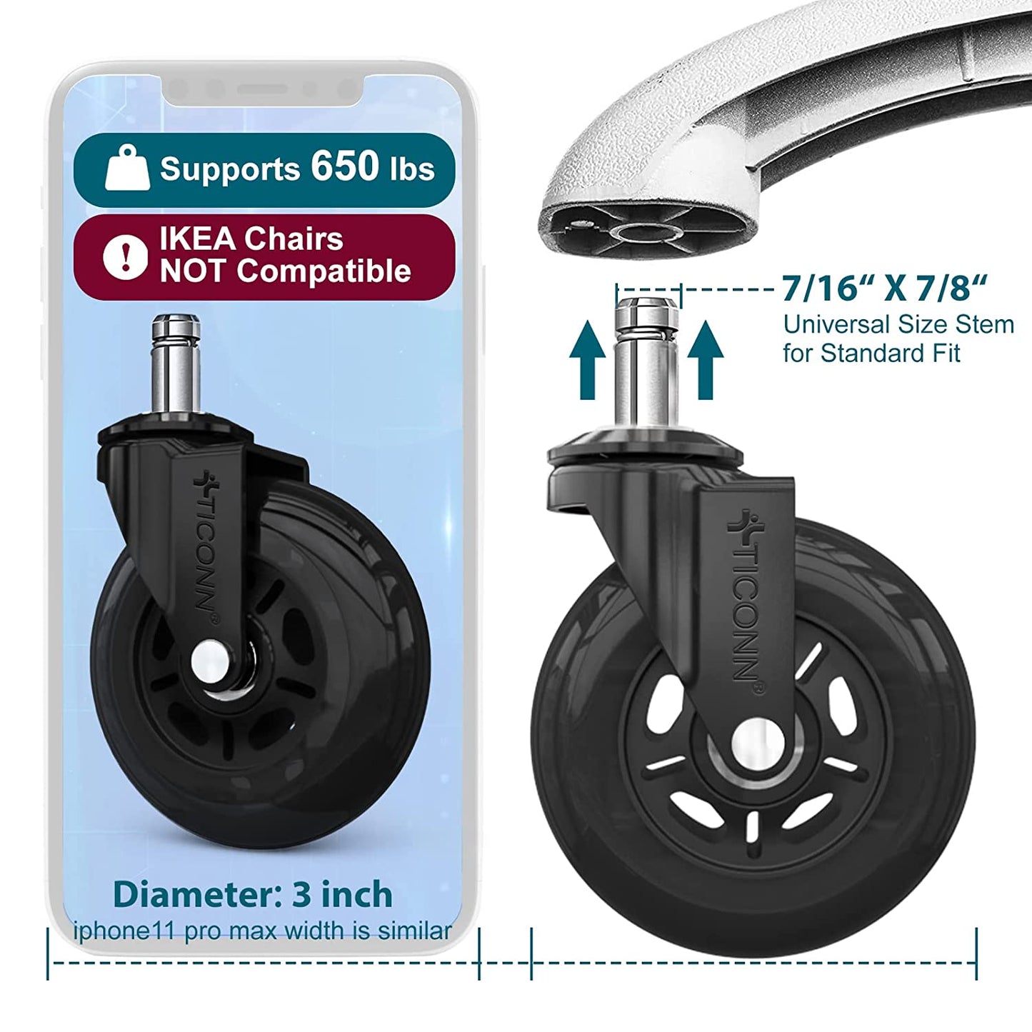 Upgrade Your Office with Universal Caster Wheels Set of 5 - Perfect for Tile, Hardwood, and Carpets (Black)